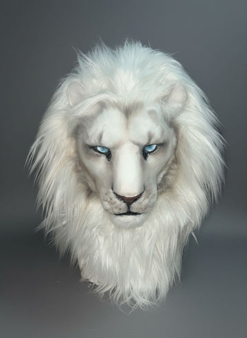 Majesty White Lion Realistic Fursuit Head with Luxury Mane and Piercing Blue Eyes