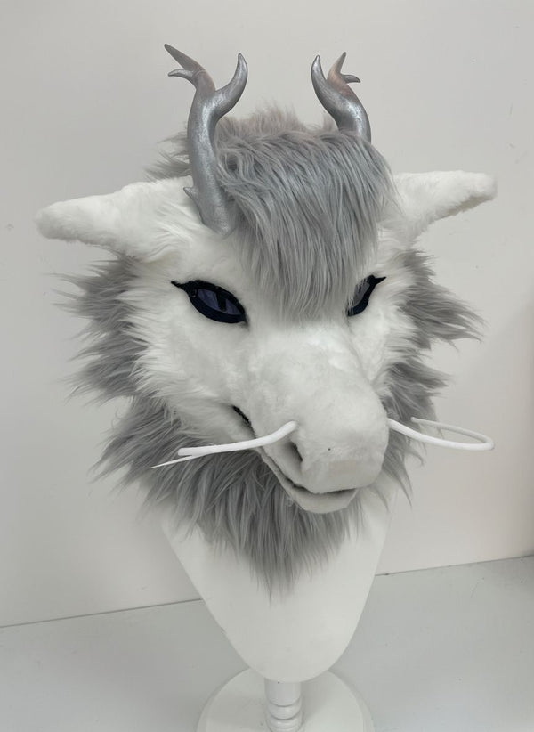 Eastern Dragon Fursuit Head with Metallic Horns and Flowing Whiskers
