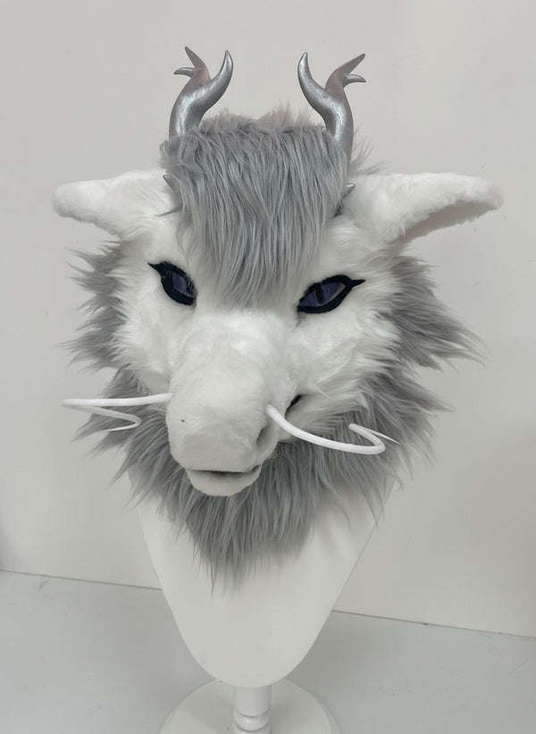 Eastern Dragon Fursuit Head with Metallic Horns and Flowing Whiskers