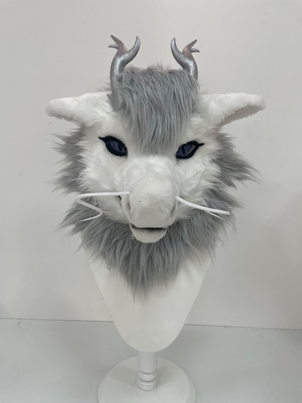 Eastern Dragon Fursuit Head with Metallic Horns and Flowing Whiskers