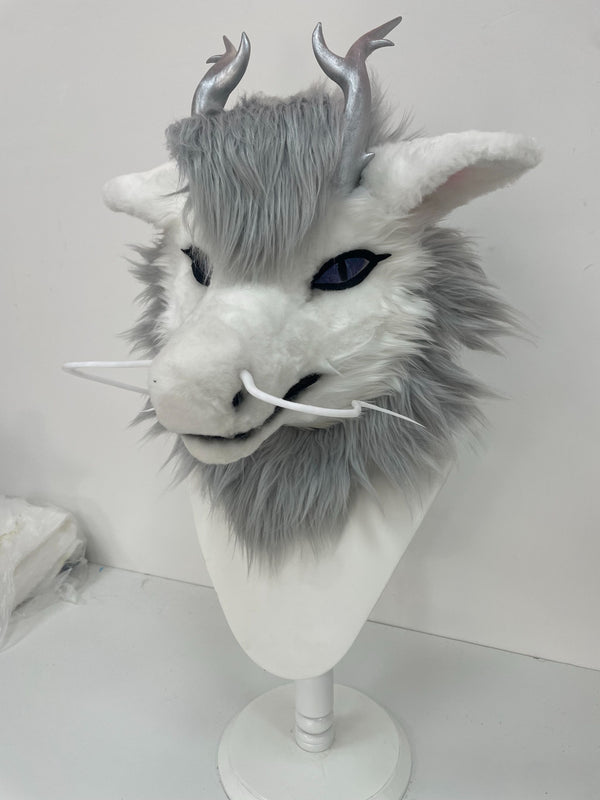 Eastern Dragon Fursuit Head with Metallic Horns and Flowing Whiskers