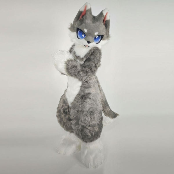 Gray and White Wolf Digitigrade Full Fursuit with High Visibility Eyes and Interior Padding