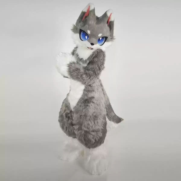 Gray and White Wolf Digitigrade Full Fursuit with High Visibility Eyes and Interior Padding