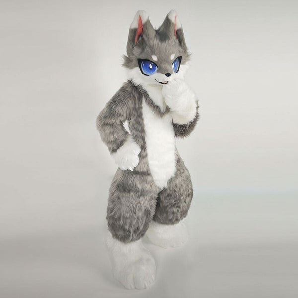Gray and White Wolf Digitigrade Full Fursuit with High Visibility Eyes and Interior Padding