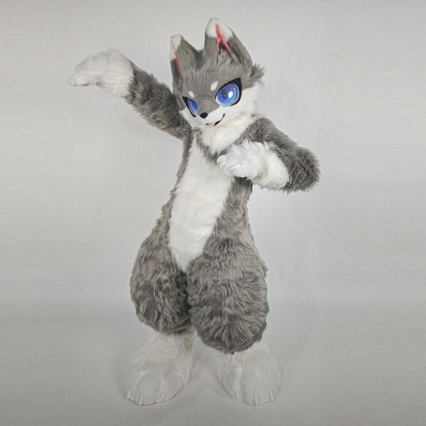 Gray and White Wolf Digitigrade Full Fursuit with High Visibility Eyes and Interior Padding