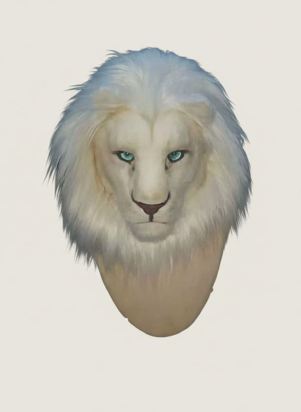 Majesty White Lion Realistic Fursuit Head with Luxury Mane and Piercing Blue Eyes