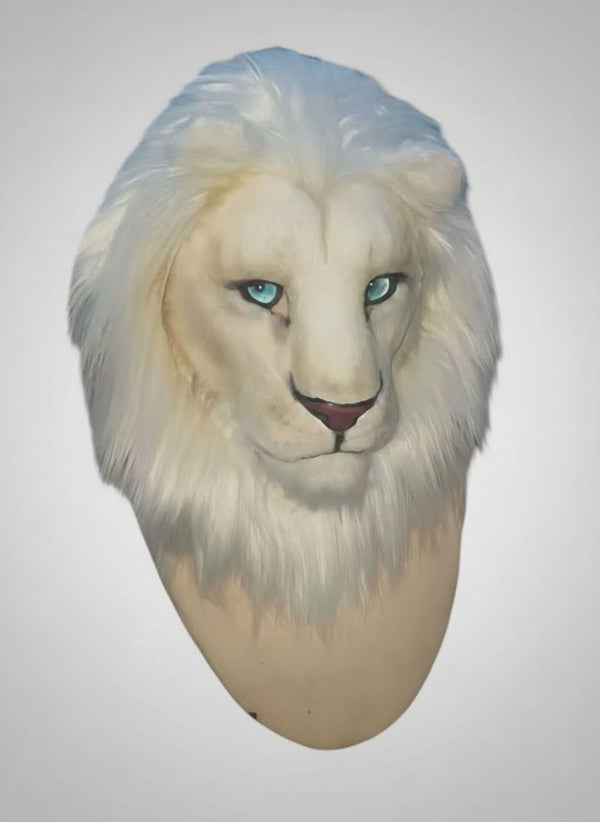Majesty White Lion Realistic Fursuit Head with Luxury Mane and Piercing Blue Eyes