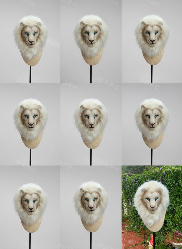 Majesty White Lion Realistic Fursuit Head with Luxury Mane and Piercing Blue Eyes