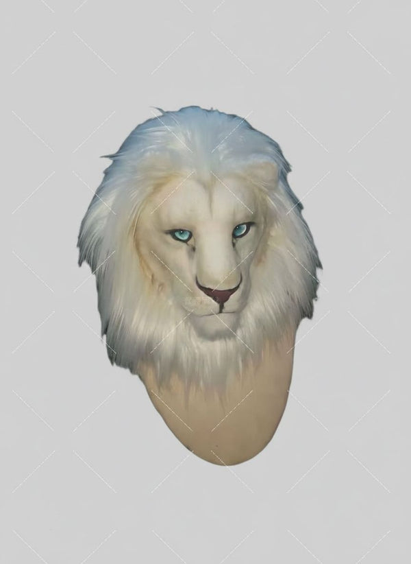 Majesty White Lion Realistic Fursuit Head with Luxury Mane and Piercing Blue Eyes