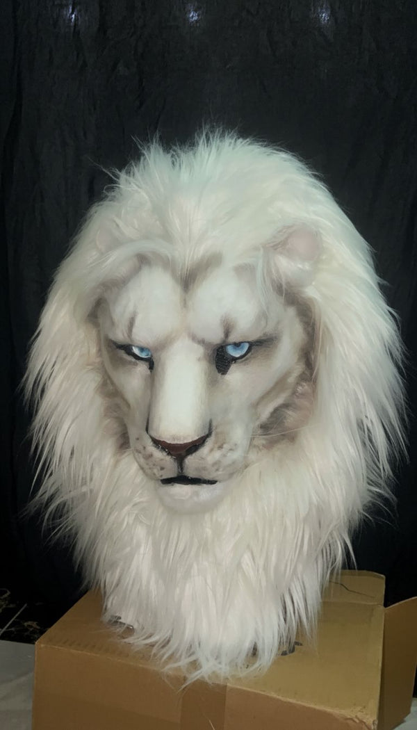 Majesty White Lion Realistic Fursuit Head with Luxury Mane and Piercing Blue Eyes