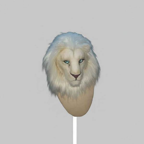 Majesty White Lion Realistic Fursuit Head with Luxury Mane and Piercing Blue Eyes