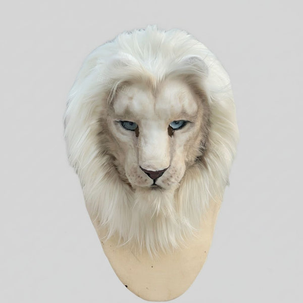 Majesty White Lion Realistic Fursuit Head with Luxury Mane and Piercing Blue Eyes