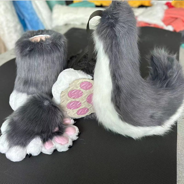 Midnight Charcoal and Snow White Wolf Toony Partial Fursuit Set