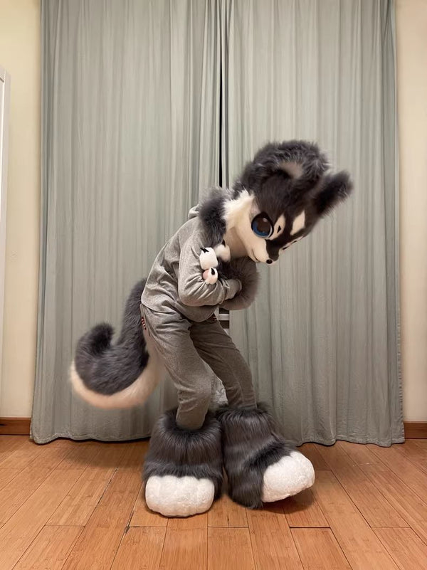 Midnight Charcoal and Snow White Wolf Toony Partial Fursuit Set