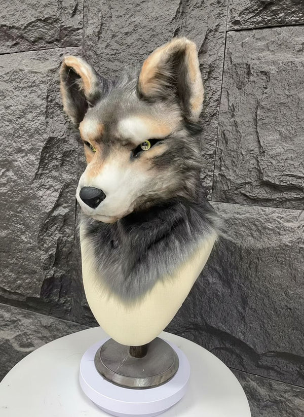 Realistic Grey Wolf Canine Fursuit Head with Follow Me Eyes