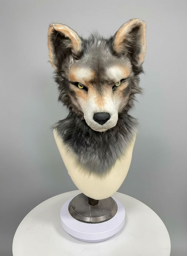 Realistic Grey Wolf Canine Fursuit Head with Follow Me Eyes