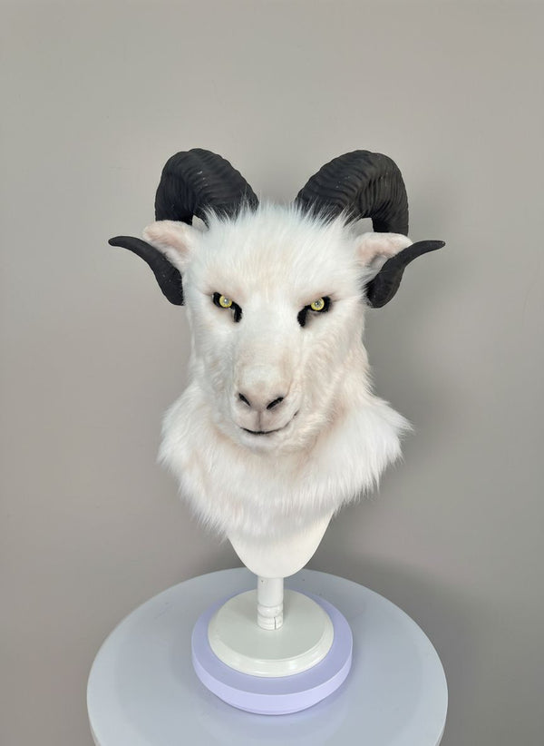 White Ram Quadruple Horn Fursuit Head with Luxury Faux Fur