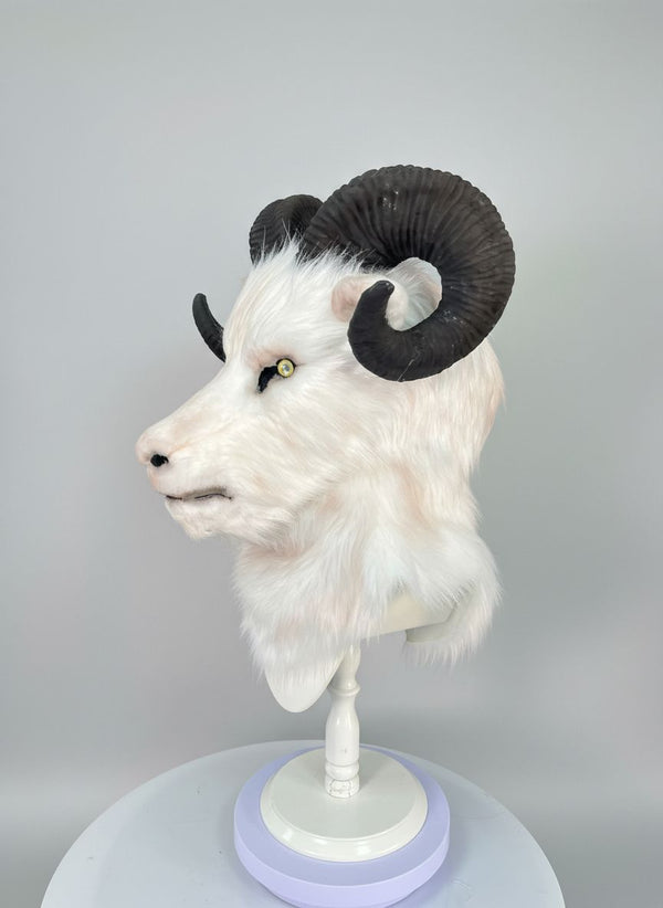 White Ram Quadruple Horn Fursuit Head with Luxury Faux Fur